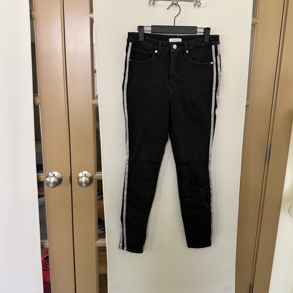 Good American Women 12/31 Black Silver Pinstripe Good Legs High Rise Skinny Jean
